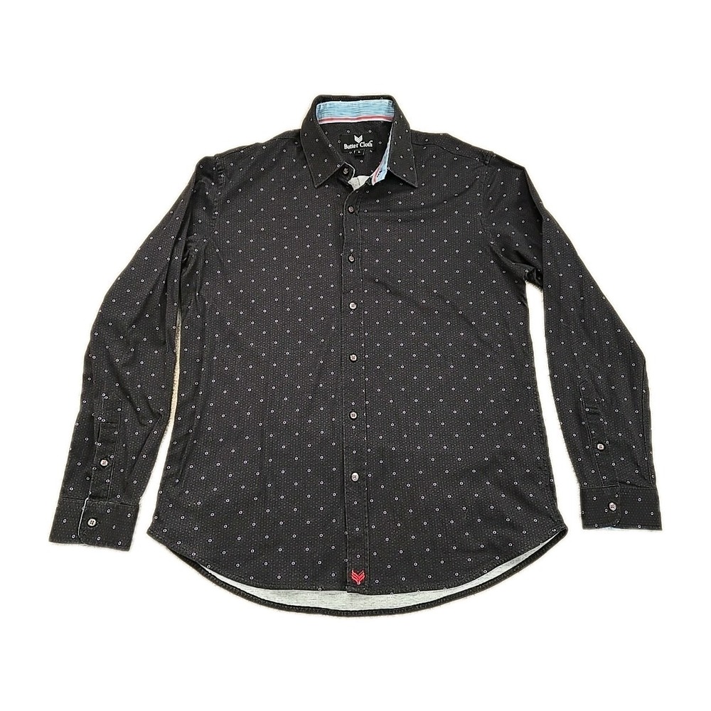Butter Cloth Men Black Long Sleeve Button‎ Up Shirt Sz L Geometric Polka Dot